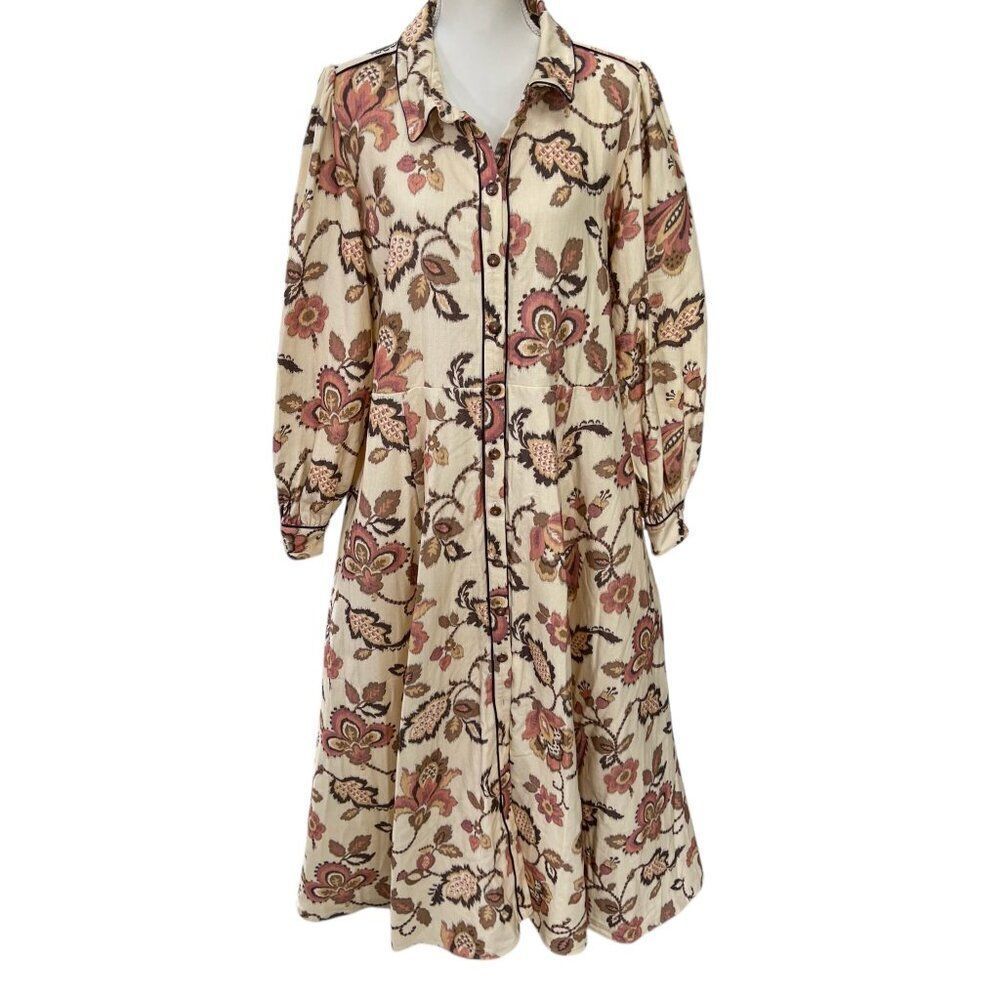 Sezane NWT Zoea Printed Floral Cotton Long Sleeve Button-Down Dress Sz 46 US 14